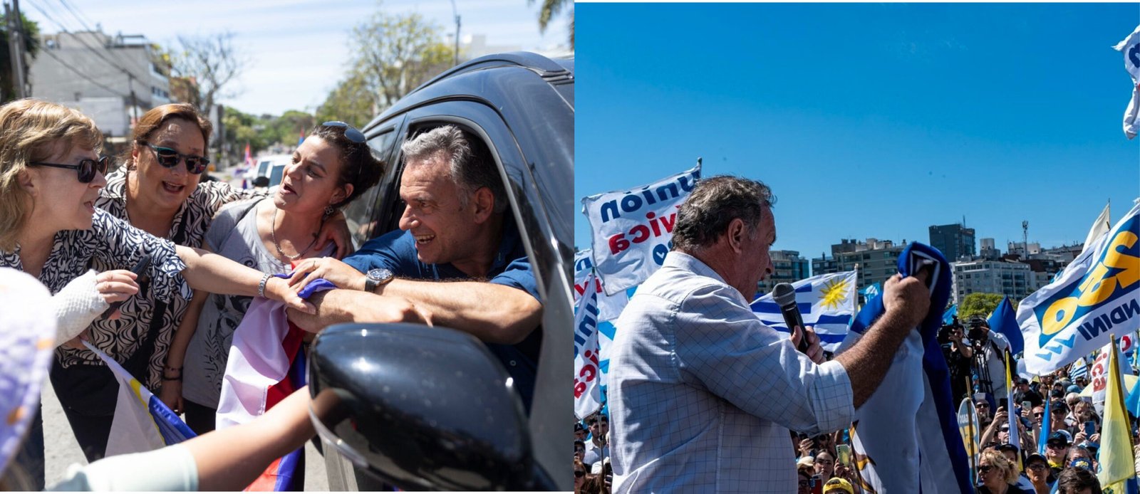 De un lado Orsi extiende su brazo para saludar desde el auto. Del otro, Delgado se dirige a la multitud