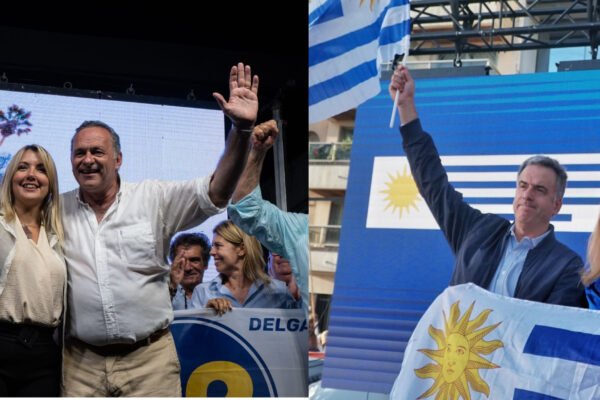 A la izquierda, Ripoll y Delgado saludan desde el escenario. A la derecha, Orsi levanta una bandera y Cosse sostiene otra con ambas manos