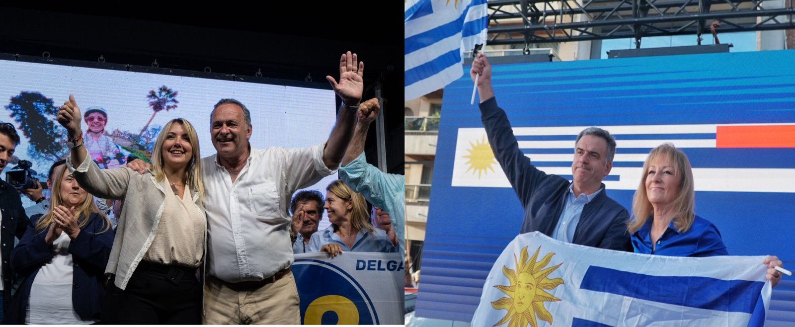 A la izquierda, Ripoll y Delgado saludan desde el escenario. A la derecha, Orsi levanta una bandera y Cosse sostiene otra con ambas manos